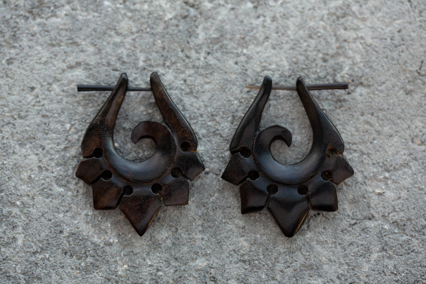 Organic Hand Carved Sono Wood Tribal Ornament Stirrup Hanger Earrings