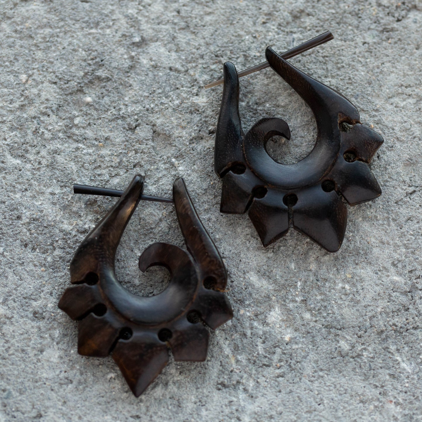 Organic Hand Carved Sono Wood Tribal Ornament Stirrup Hanger Earrings