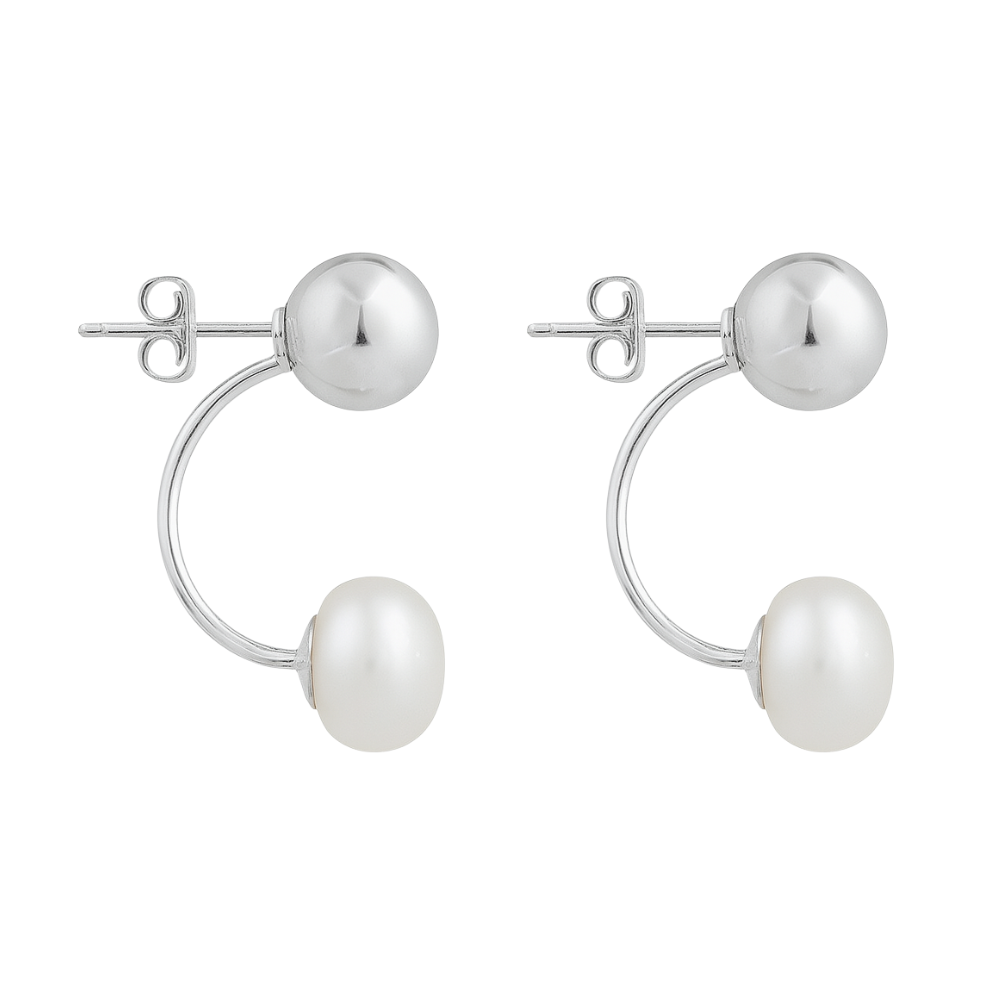 925 Sterling Silver Double Polished Silver Ball and Simulated Pearl Earring Jackets, Sold as a Pair