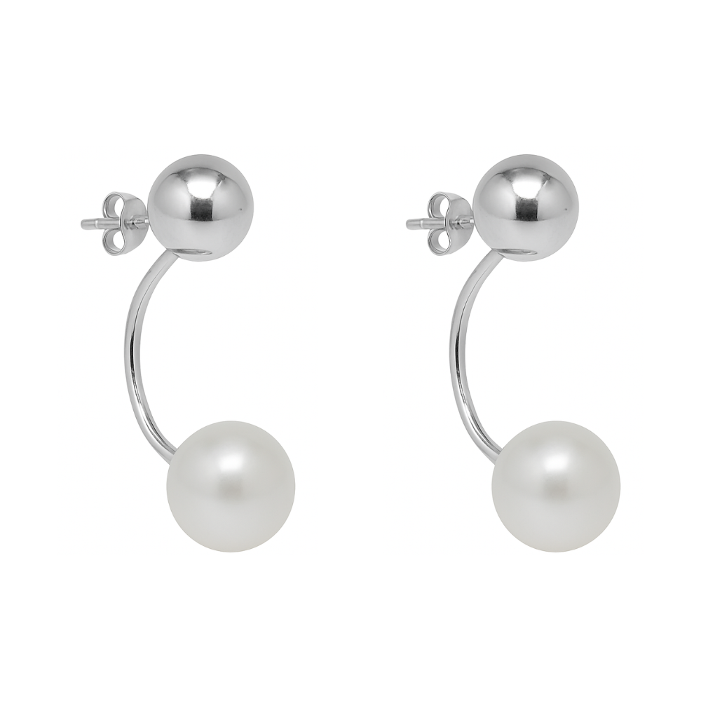 925 Sterling Silver Double Polished Silver Ball and Simulated Pearl Earring Jackets, Sold as a Pair