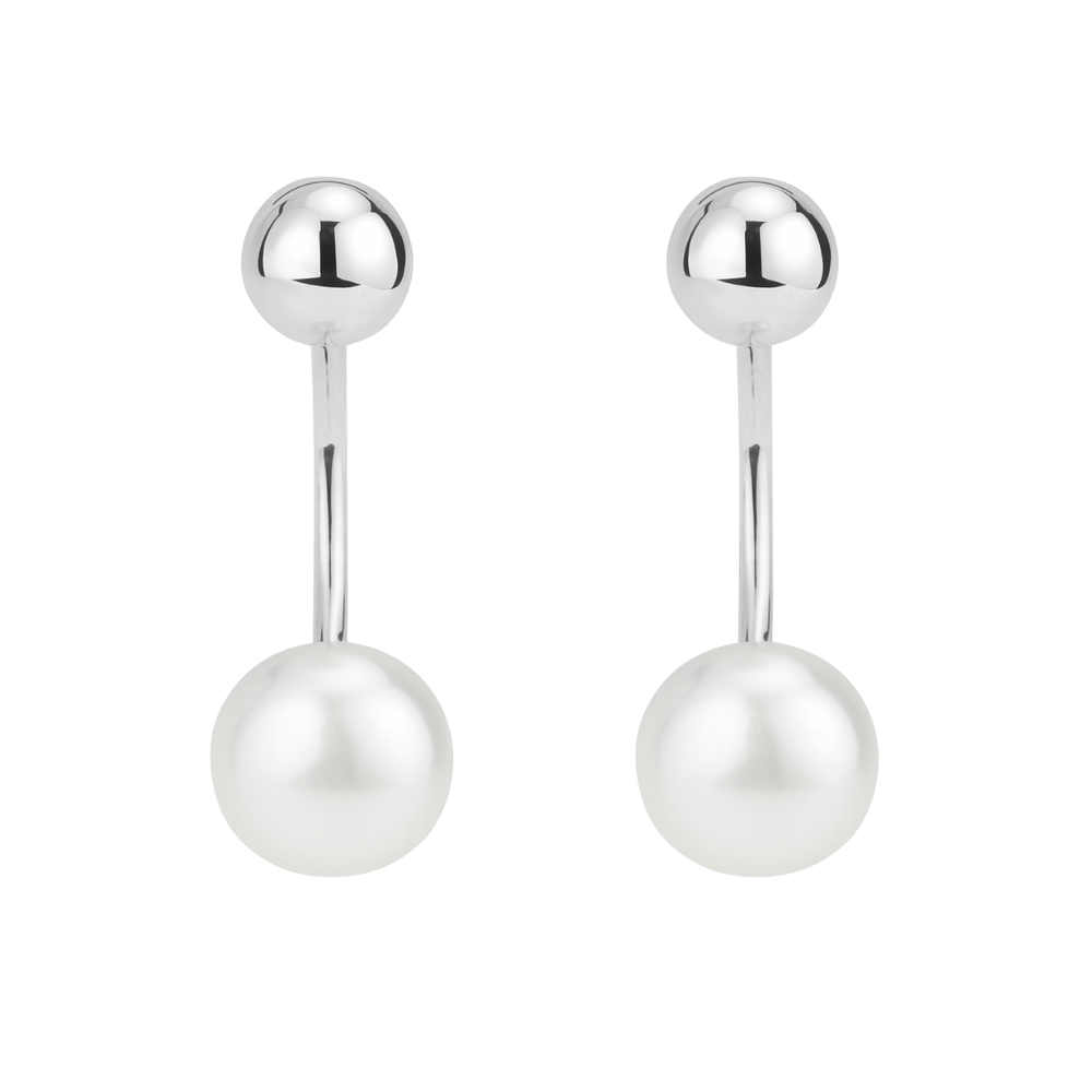 925 Sterling Silver Double Polished Silver Ball and Simulated Pearl Earring Jackets, Sold as a Pair