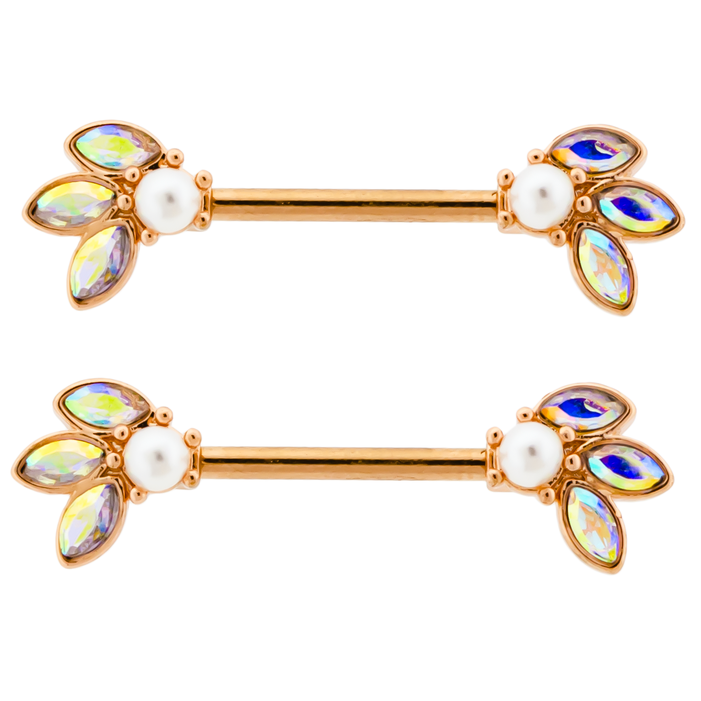 Aurora Borealis Crystal and Synthetic Pearl Ends Nipple Barbells - Pair - 316L Stainless Steel