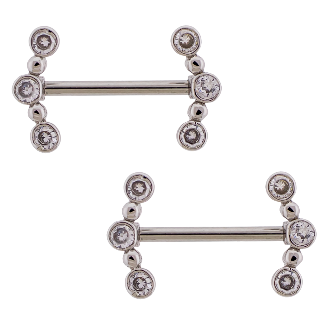 Triple CZ Crystal Gem Crescent Ends Nipple Barbells - Pair - 316L Stainless Steel