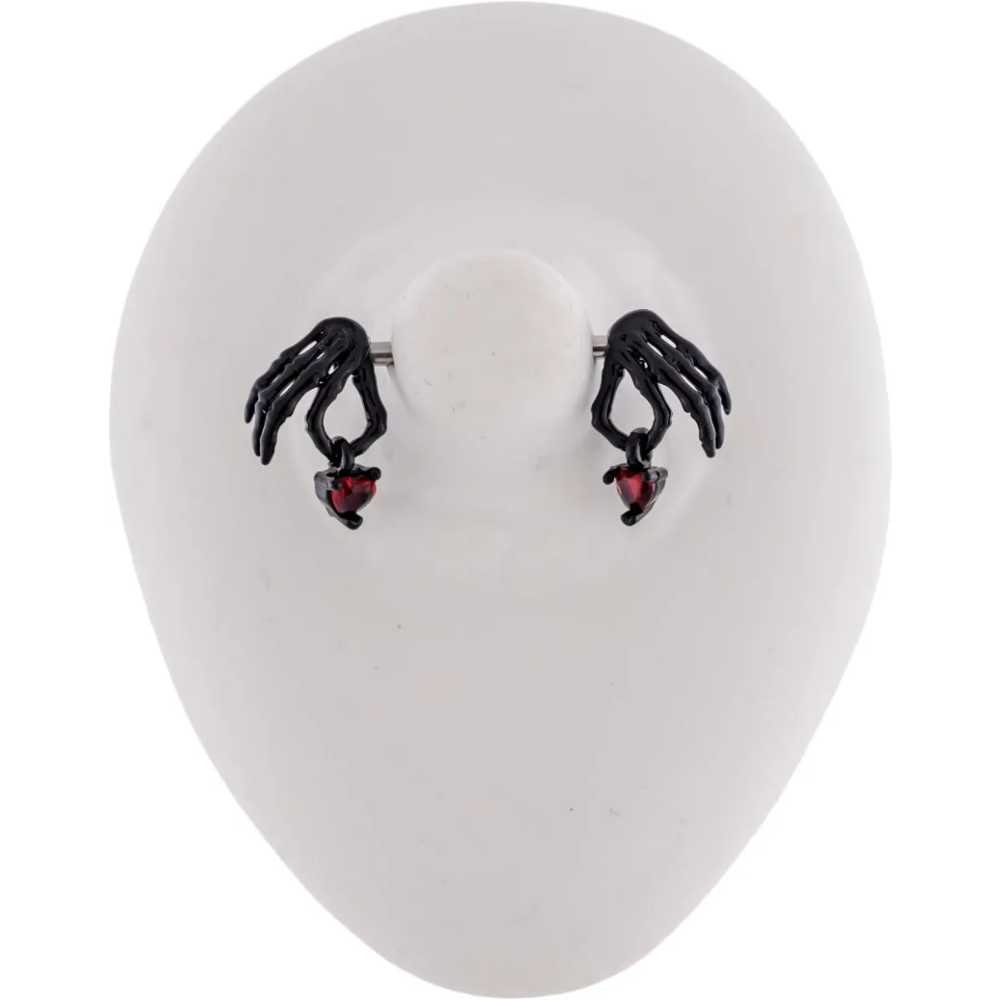 Black Skeleton Hands Holding Red Crystal Hearts Nipple Barbells - Pair - 316L Stainless Steel
