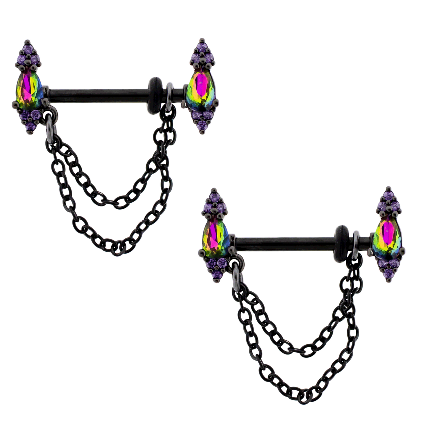 Vitrail Medium Teardrop Ends with Dangling Chains Nipple Barbells - Pair - Black 316L Stainless Steel