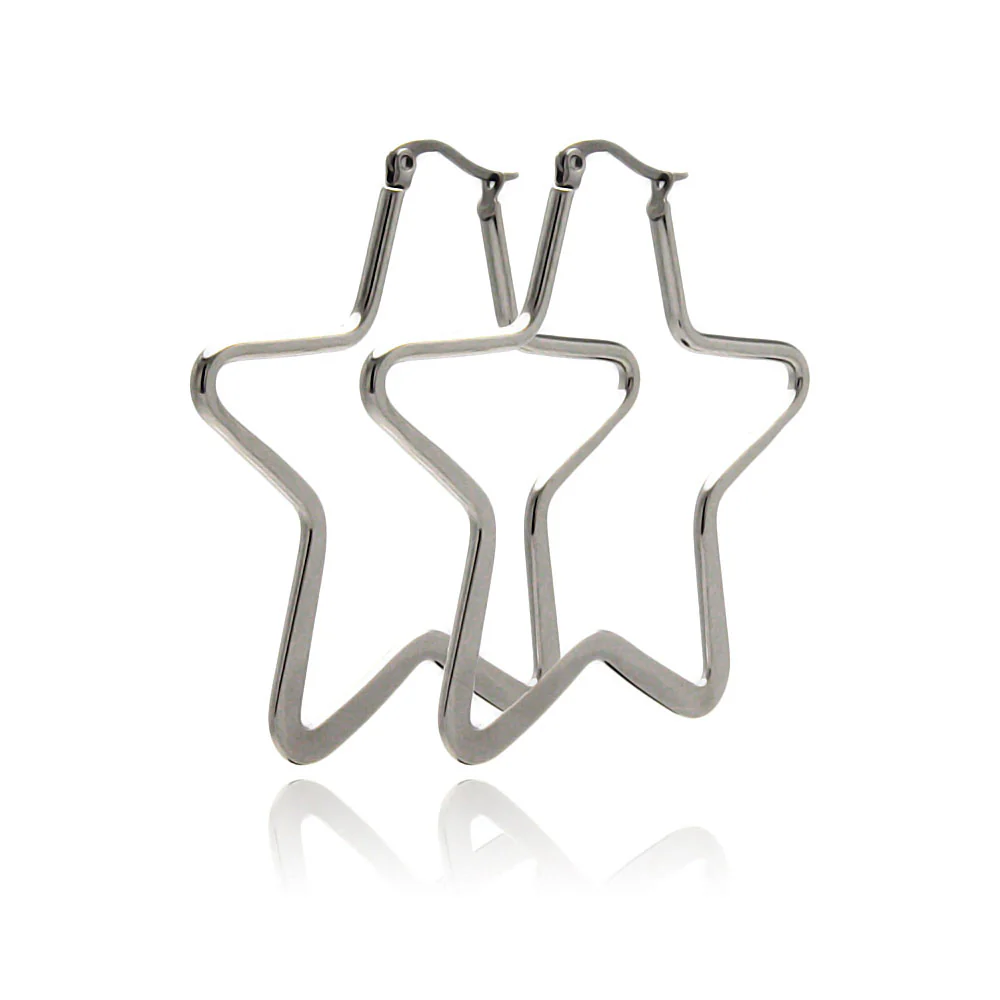 Star Shaped Hoop Earrings - Pair - Rhodium Plated Stainless Steel
