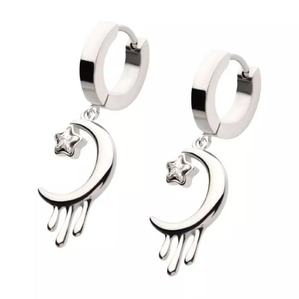 Dripping Crescent Moon with Star Dangling Huggie Hoop Earrings - Pair - 316L Stainless Steel