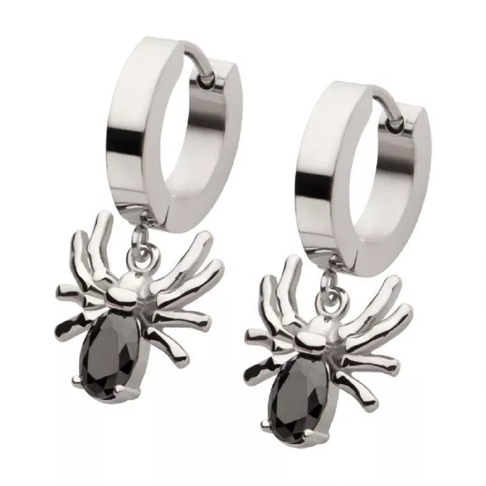 Black CZ Crystal Spider Dangling Huggie Hoop Earrings - Pair - 316L Stainless Steel