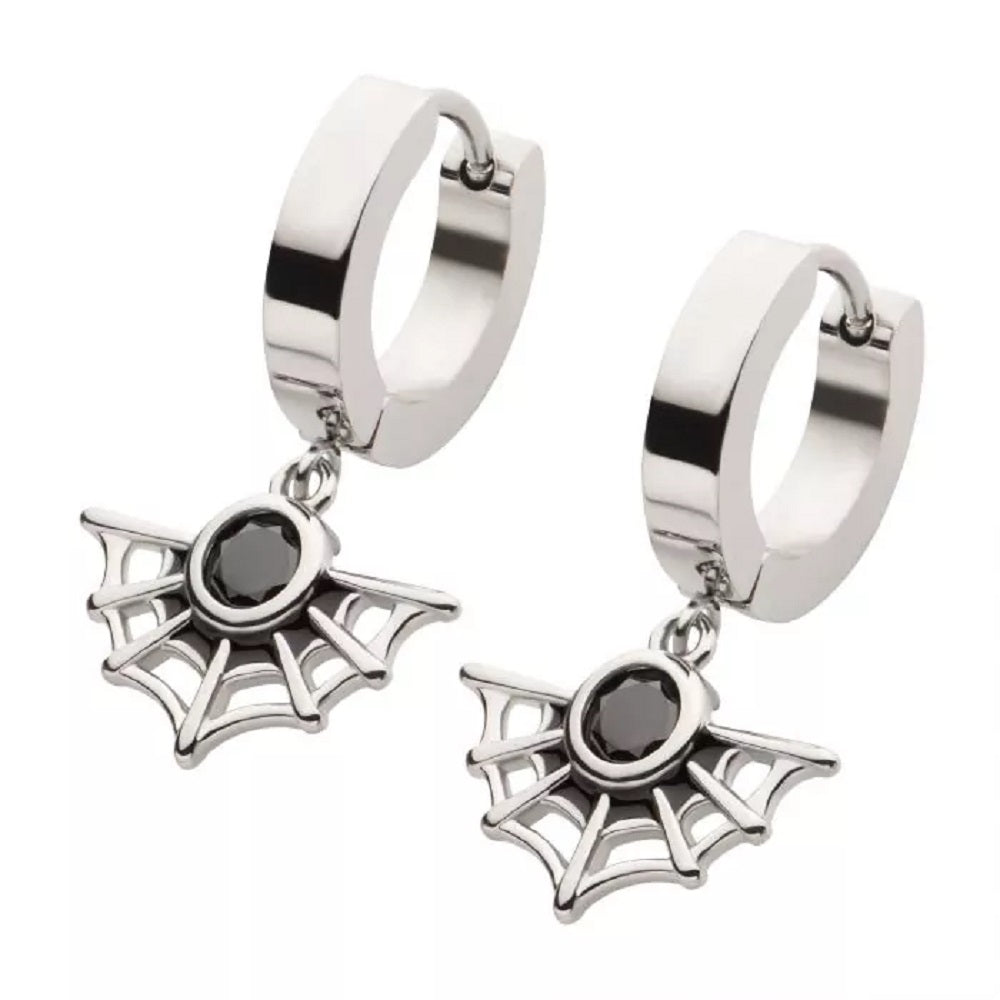 Black CZ Crystal Spiderweb Dangling Huggie Hoop Earrings - Pair - 316L Stainless Steel