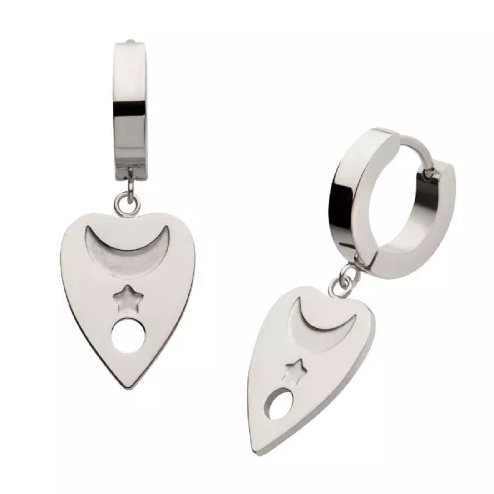 Moon and Star Spirit Board Dangling Huggie Hoop Earrings - Pair - 316L Stainless Steel