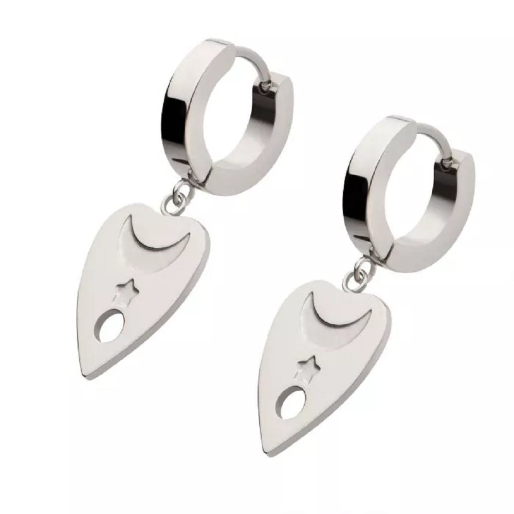 Moon and Star Spirit Board Dangling Huggie Hoop Earrings - Pair - 316L Stainless Steel