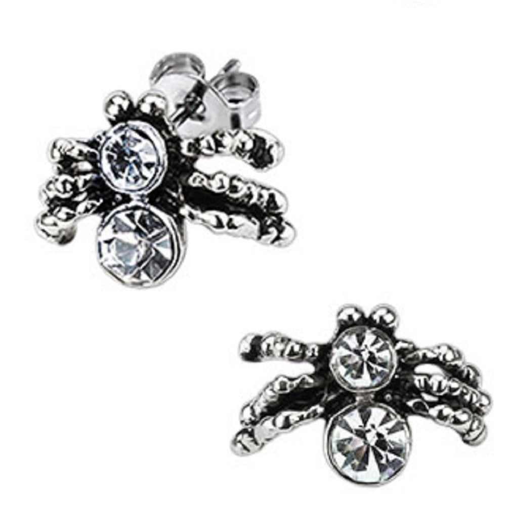 Pair of Crawling Spiders with CZ Bodies Stud Earrings - 316L Stainless Steel - Pair