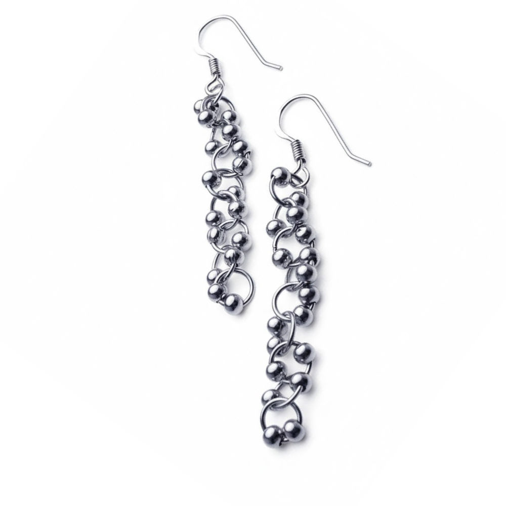 Connecting Ball Hoop Dangling Earrings - Pair - Rhodium Plated 925 Sterling Silver