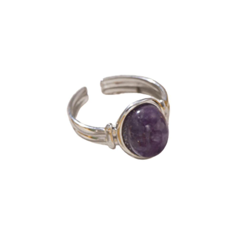 Oval Stone Center Adjustable Ring - Stainless Steel