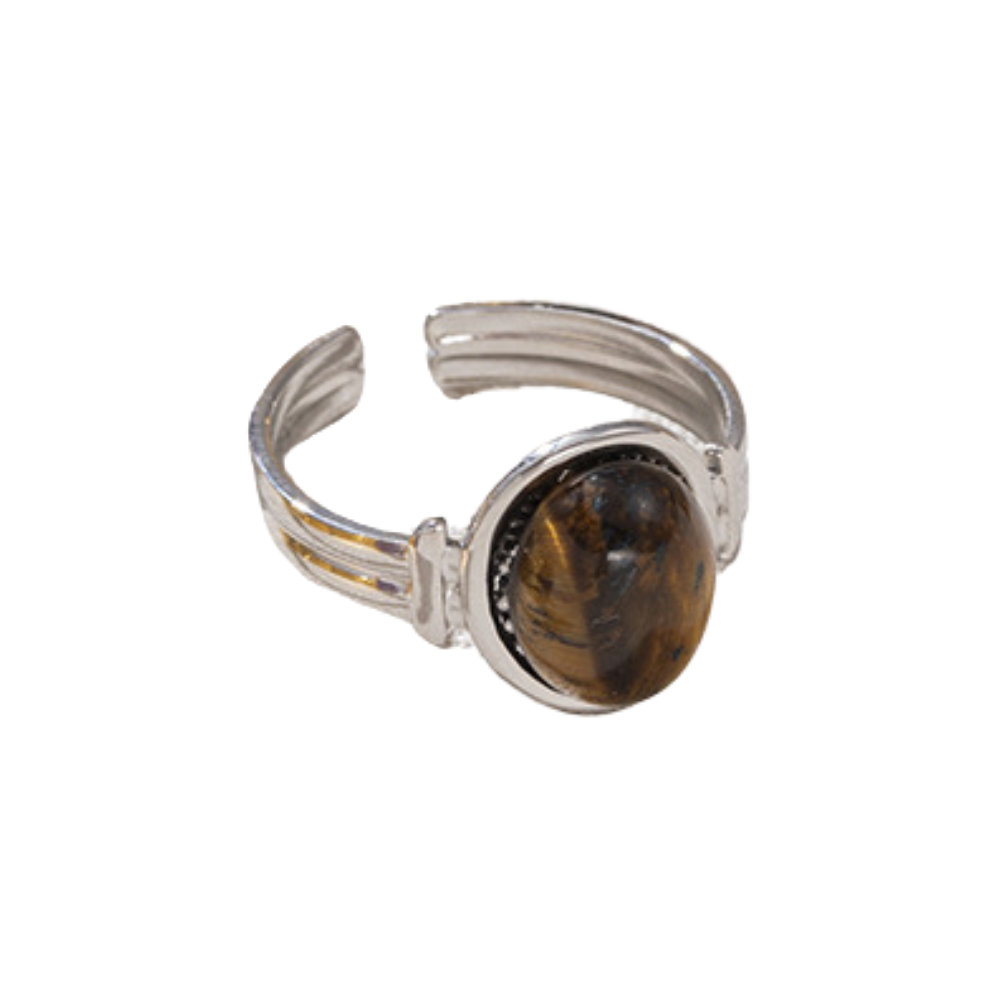 Oval Stone Center Adjustable Ring - Stainless Steel