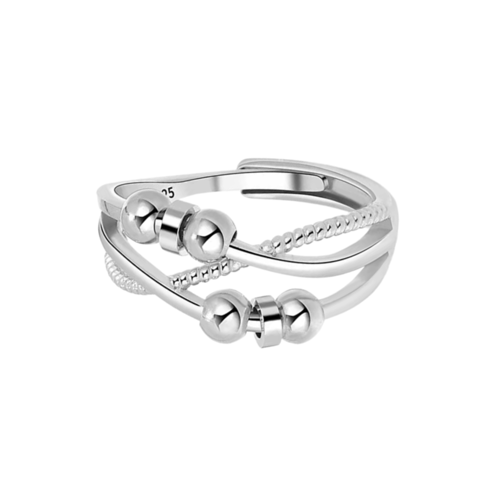 Beaded Triple Line Design Adjustable Beaded Fidget Ring - 925 Sterling Silver