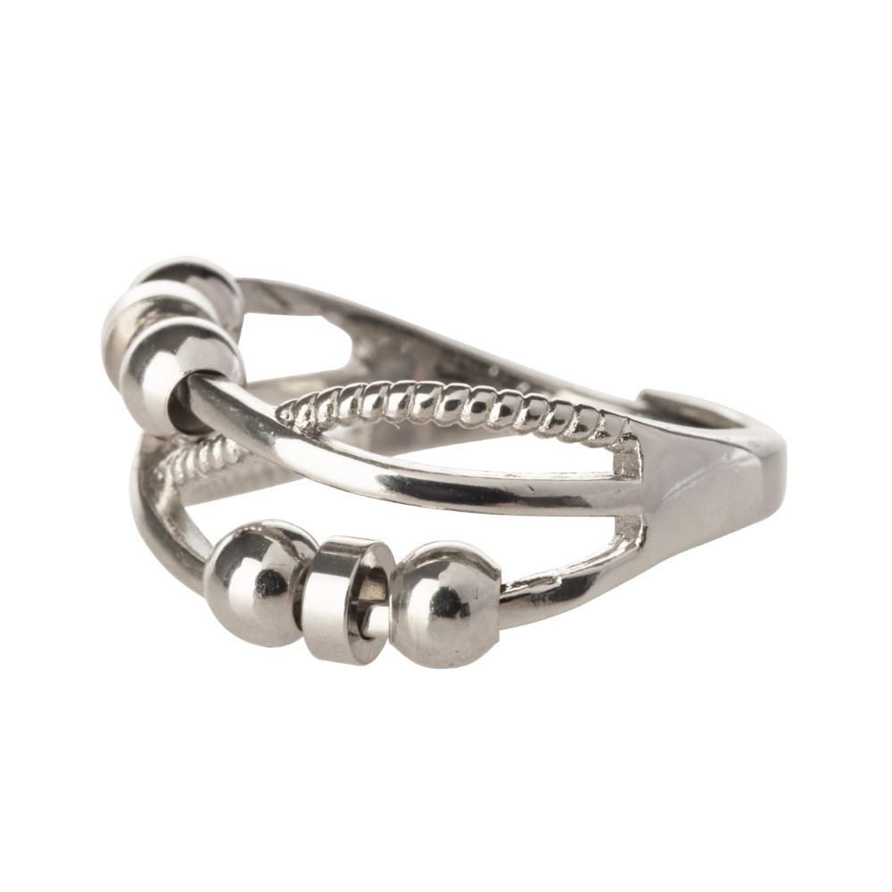 Beaded Triple Line Design Adjustable Beaded Fidget Ring - 925 Sterling Silver