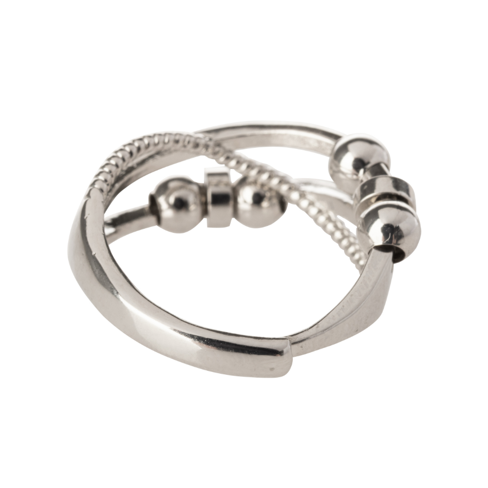 Beaded Triple Line Design Adjustable Beaded Fidget Ring - 925 Sterling Silver