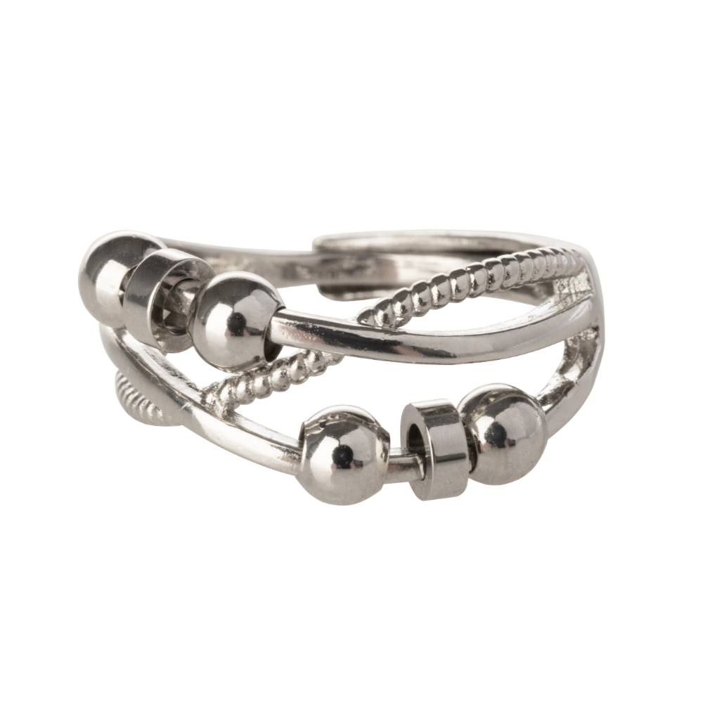 Beaded Triple Line Design Adjustable Beaded Fidget Ring - 925 Sterling Silver