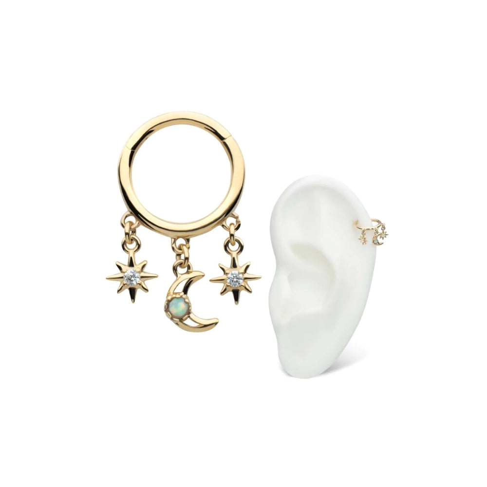 Stars & Moon CZ White Opal Dangle Side Facing Segment Clicker - 14kt Gold