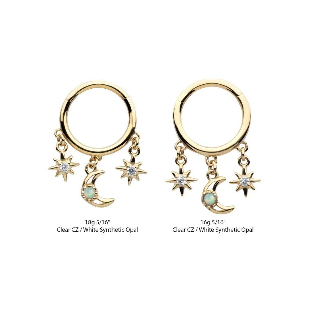 Stars & Moon CZ White Opal Dangle Side Facing Segment Clicker - 14kt Gold
