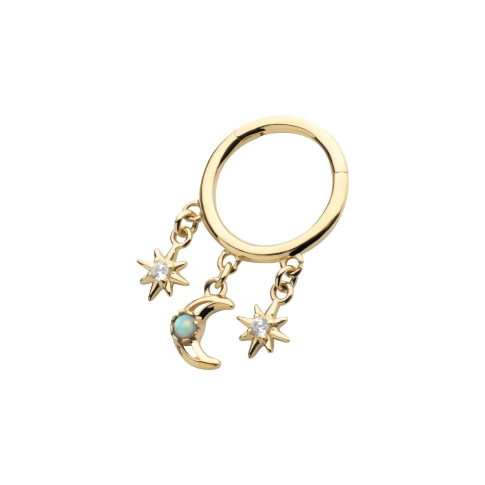 Stars & Moon CZ White Opal Dangle Side Facing Segment Clicker - 14kt Gold