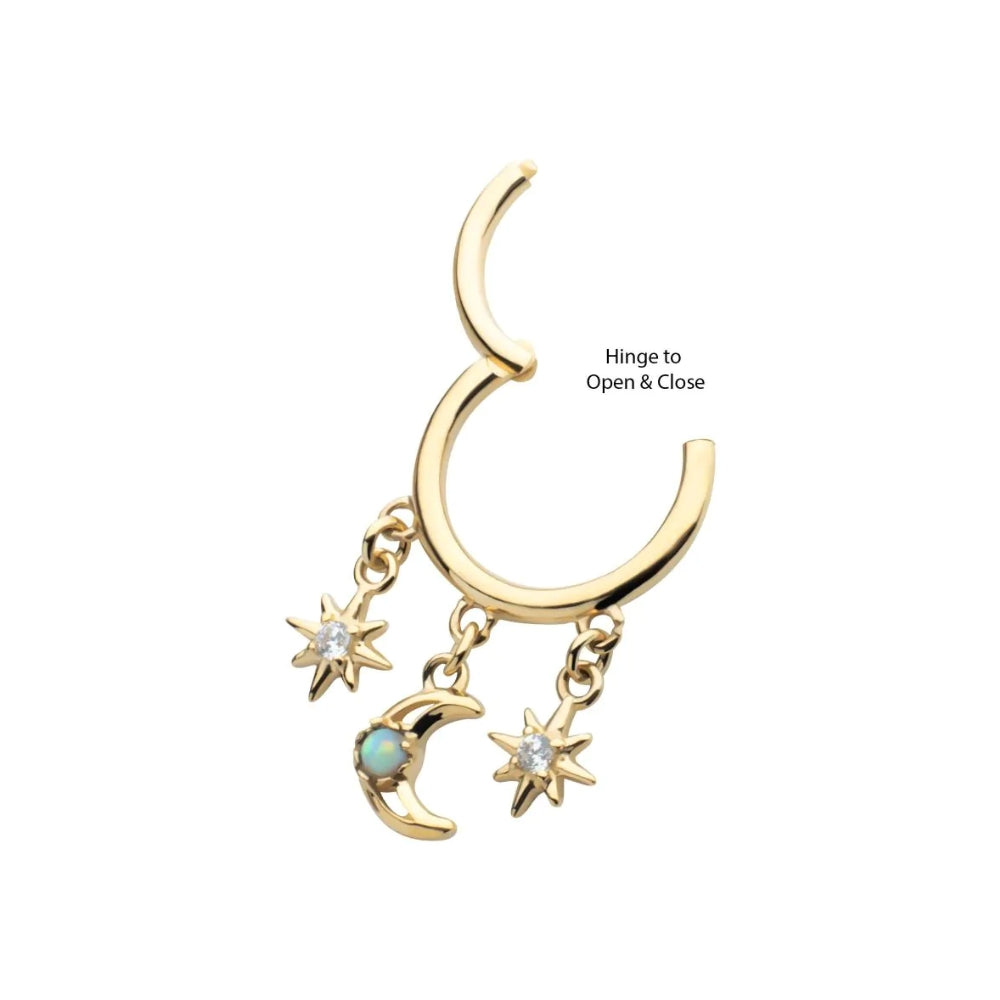Stars & Moon CZ White Opal Dangle Side Facing Segment Clicker - 14kt Gold