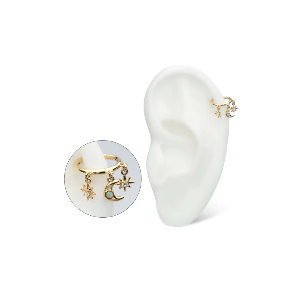 Stars & Moon CZ White Opal Dangle Side Facing Segment Clicker - 14kt Gold