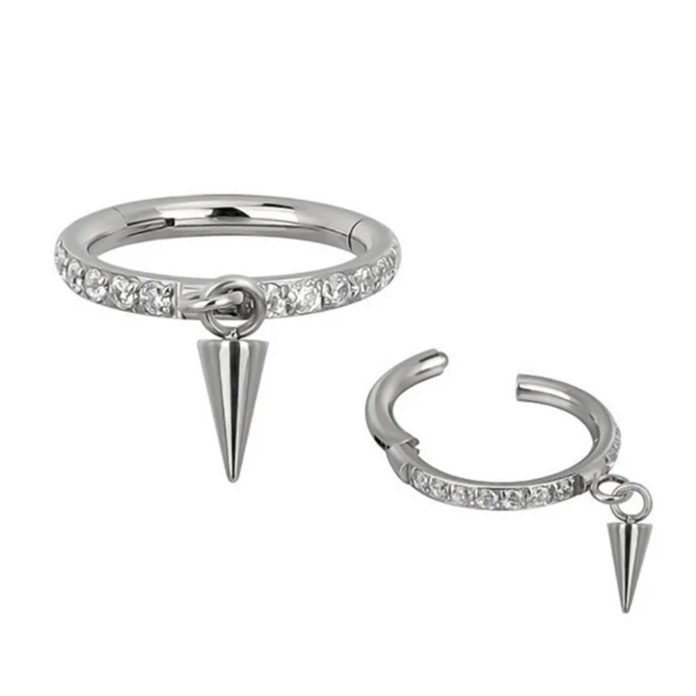 CZ Crystal Lined Dangling Spike Hinged Segment Clicker Ring - ASTM F-136 Implant Grade Titanium