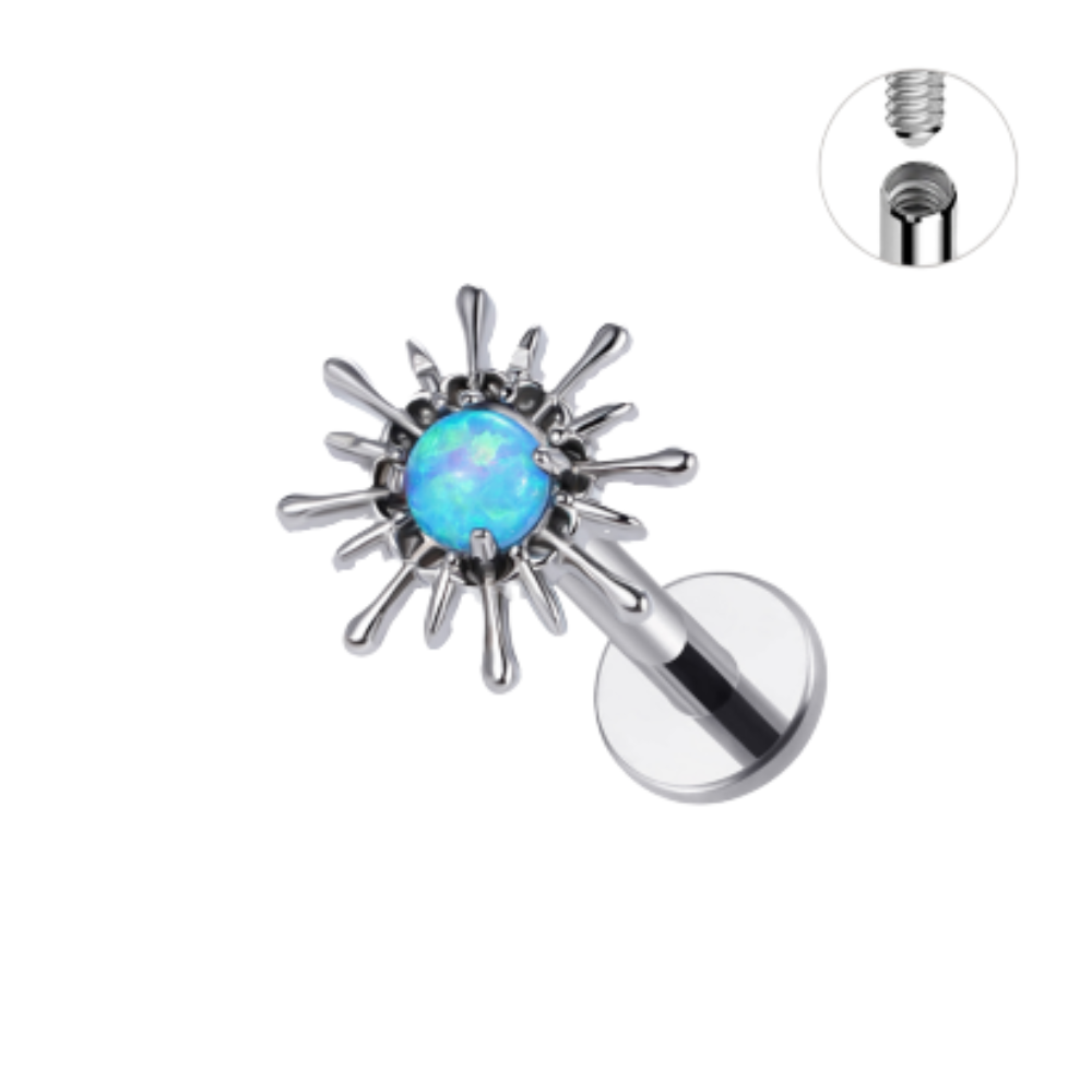 Internally Threaded Blue Opal Sunburst Flat Back Stud - ASTM F-136 Implant Grade Titanium