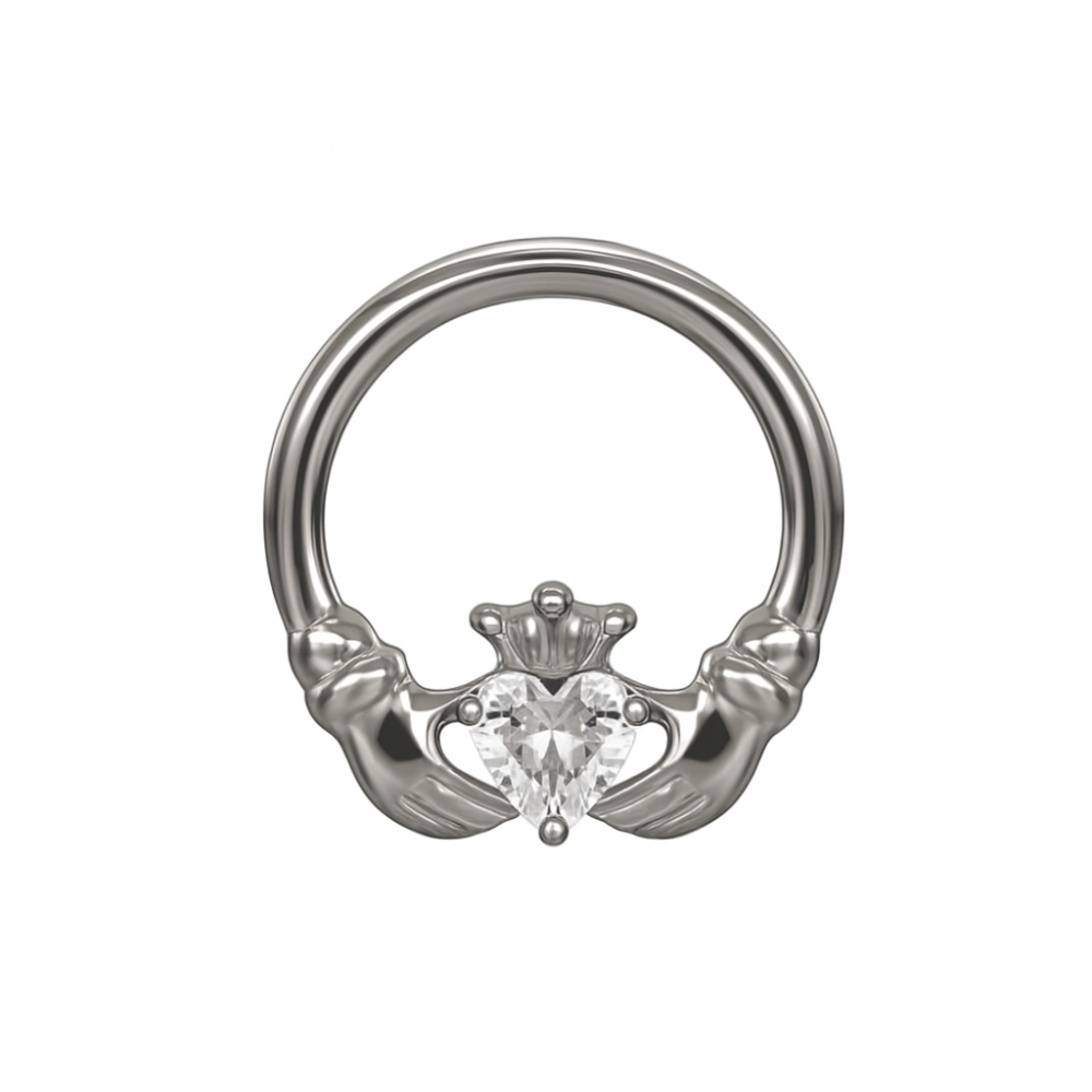 CZ Crystal Claddagh Hinged Segment Clicker Ring - ASTM F-136 Implant Grade Titanium