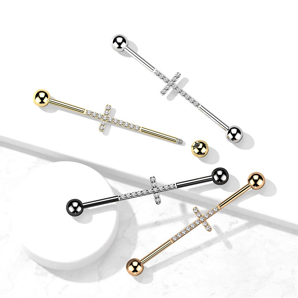 CNC Set Lined CZ Cross Industrial Barbell - PVD Plated F136 Implant Grade Titanium