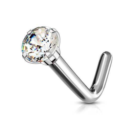 Prong Set CZ Crystal L-Bend Nose Stud - G23 Implant Grade Titanium