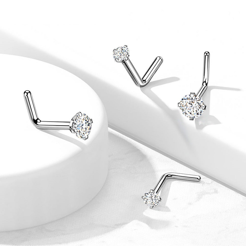 Prong Set CZ Crystal L-Bend Nose Stud - G23 Implant Grade Titanium