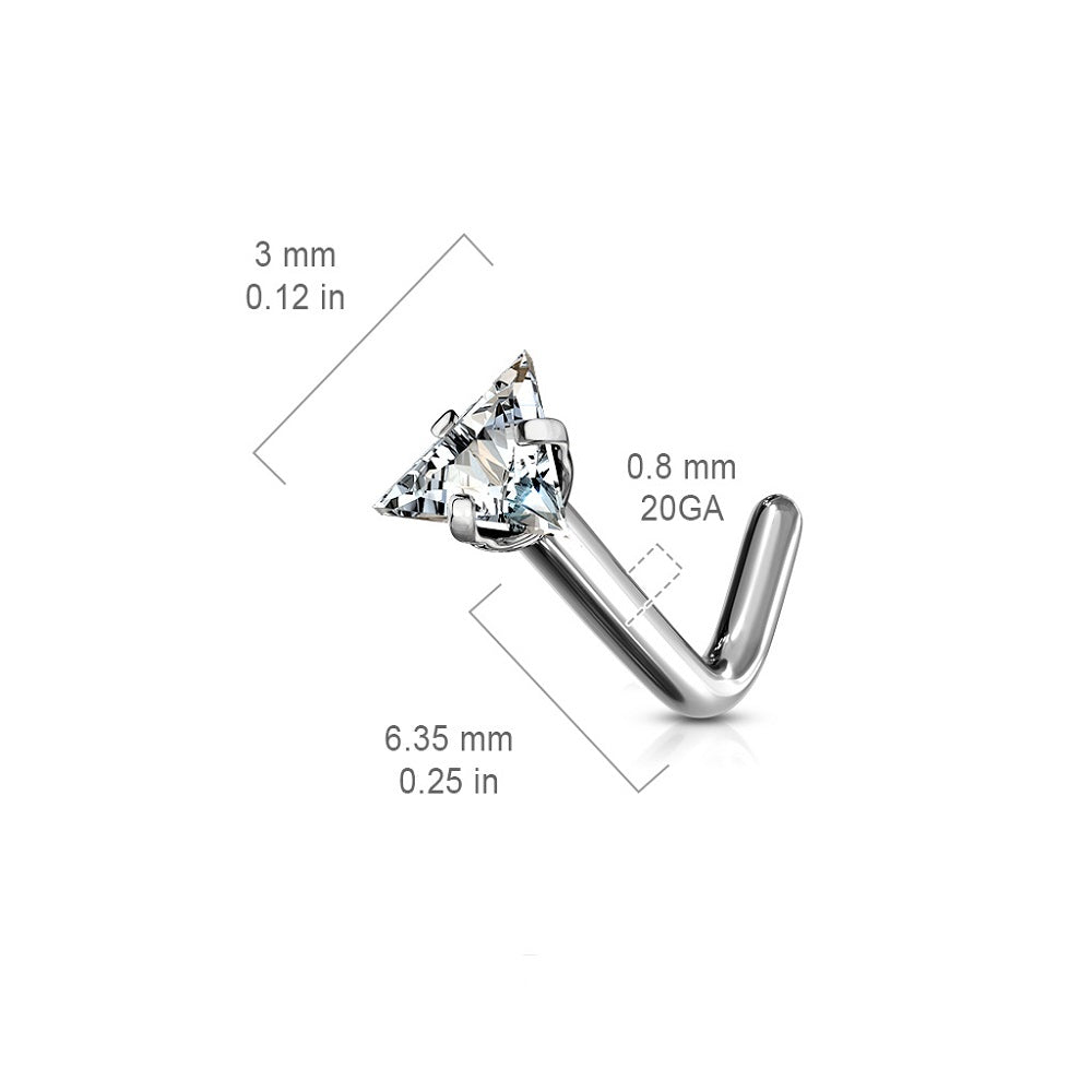 Prong Set Triangle Shaped CZ Crystal L-Bend Nose Stud - G23 Implant Grade Titanium