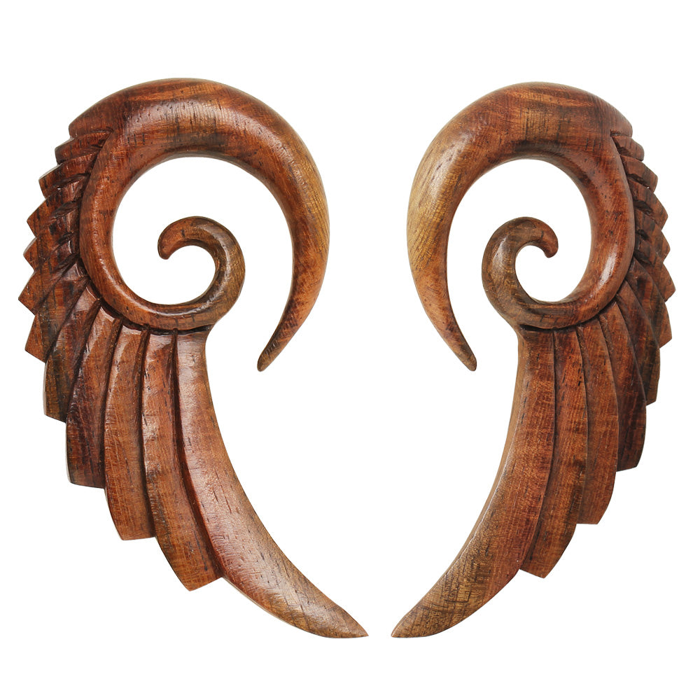 Hand Carved Organic Sono Wood Angel Wing Hanging Spiral Taper Plugs - Pair