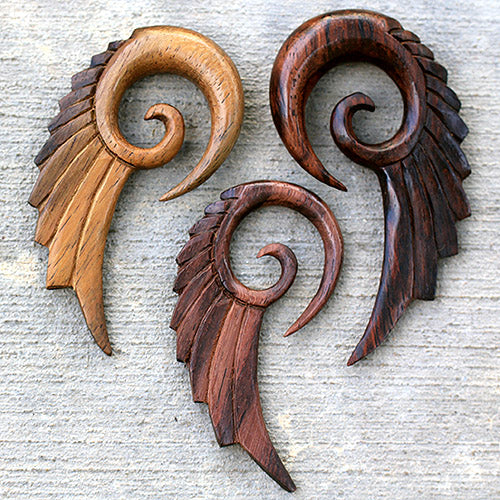 Hand Carved Organic Sono Wood Angel Wing Hanging Spiral Taper Plugs - Pair