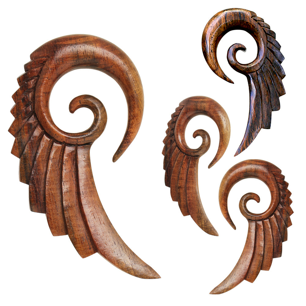 Hand Carved Organic Sono Wood Angel Wing Hanging Spiral Taper Plugs - Pair