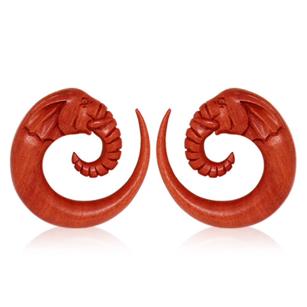 Hand Carved Organic Sawo Wood Elephant Head Spiral Taper Plugs - Pair