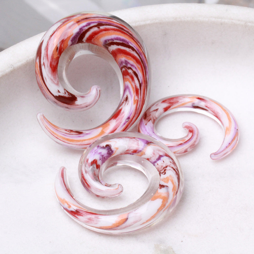 Red and White Swirl Glass Spiral Tapers - Pair