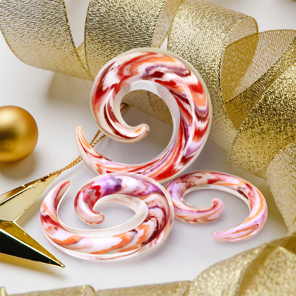 Red and White Swirl Glass Spiral Tapers - Pair