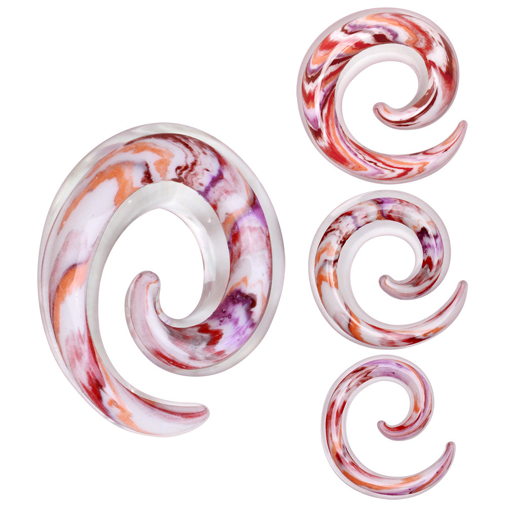 Red and White Swirl Glass Spiral Tapers - Pair