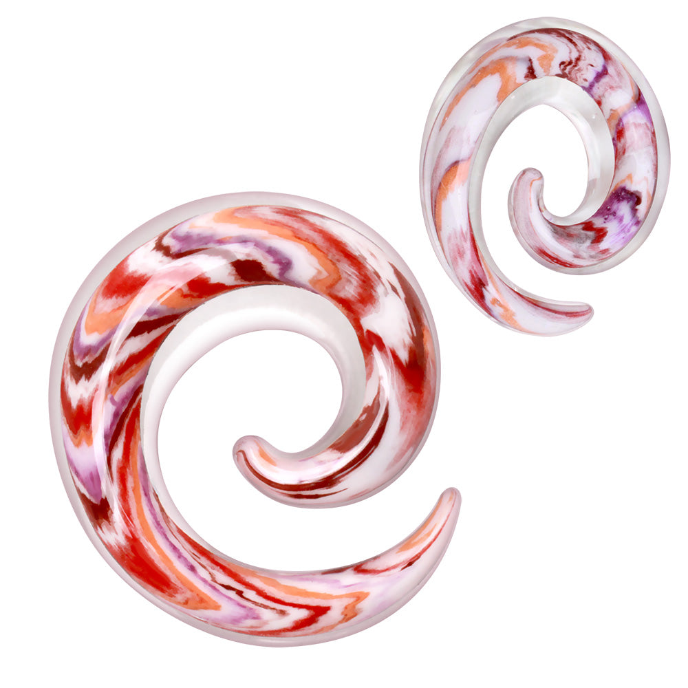 Red and White Swirl Glass Spiral Tapers - Pair