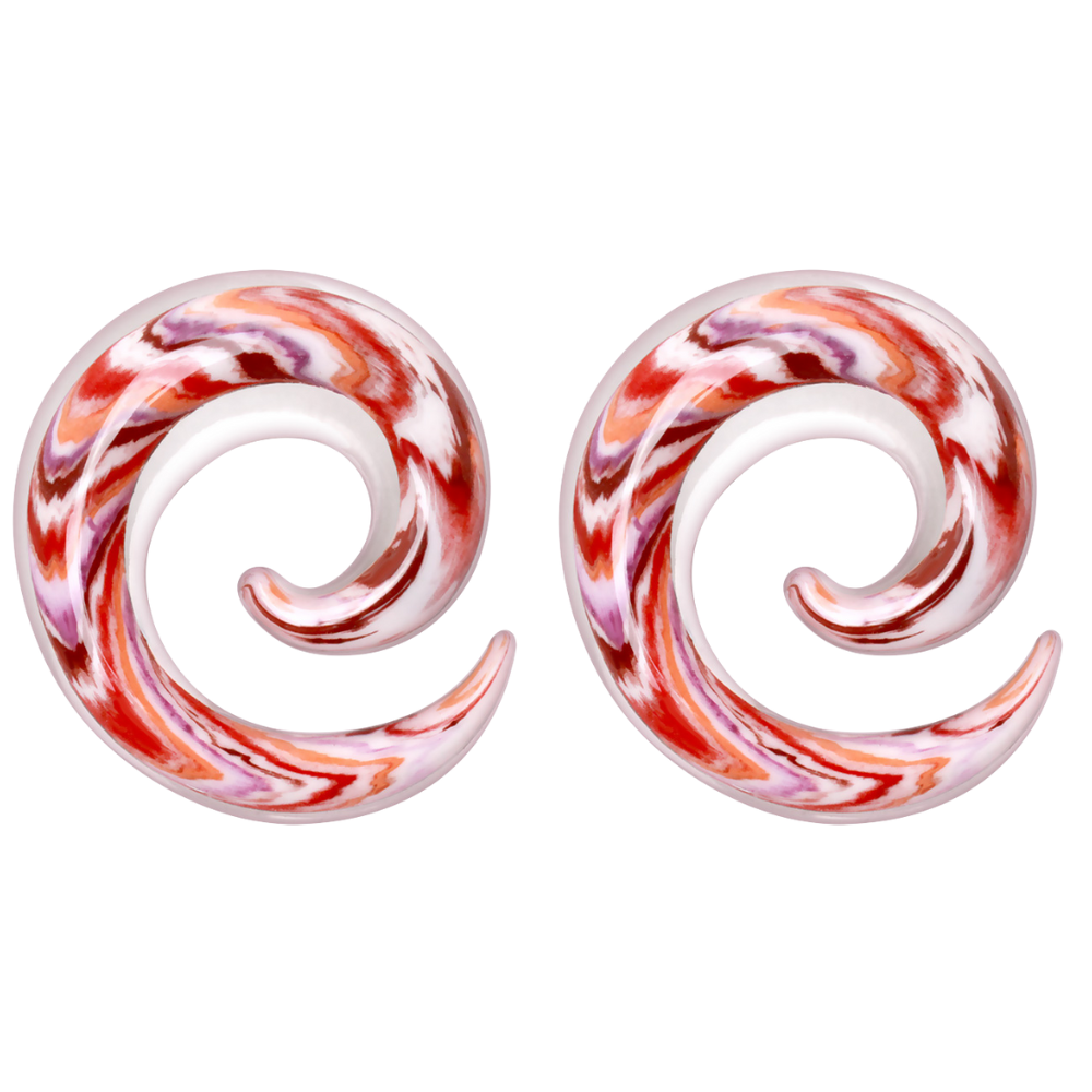 Red and White Swirl Glass Spiral Tapers - Pair