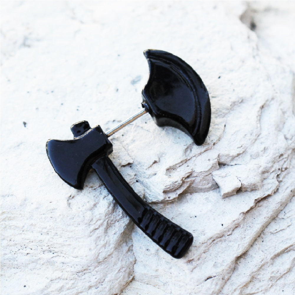 Black PVD Plated Axe Fake Cheater Earrings - Stainless Steel - Pair