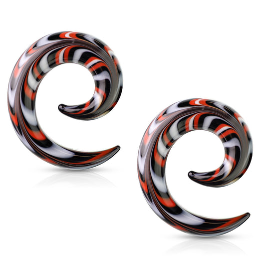 Black, Red, and White Swirled Glass Spiral Tapered Plugs - Pair