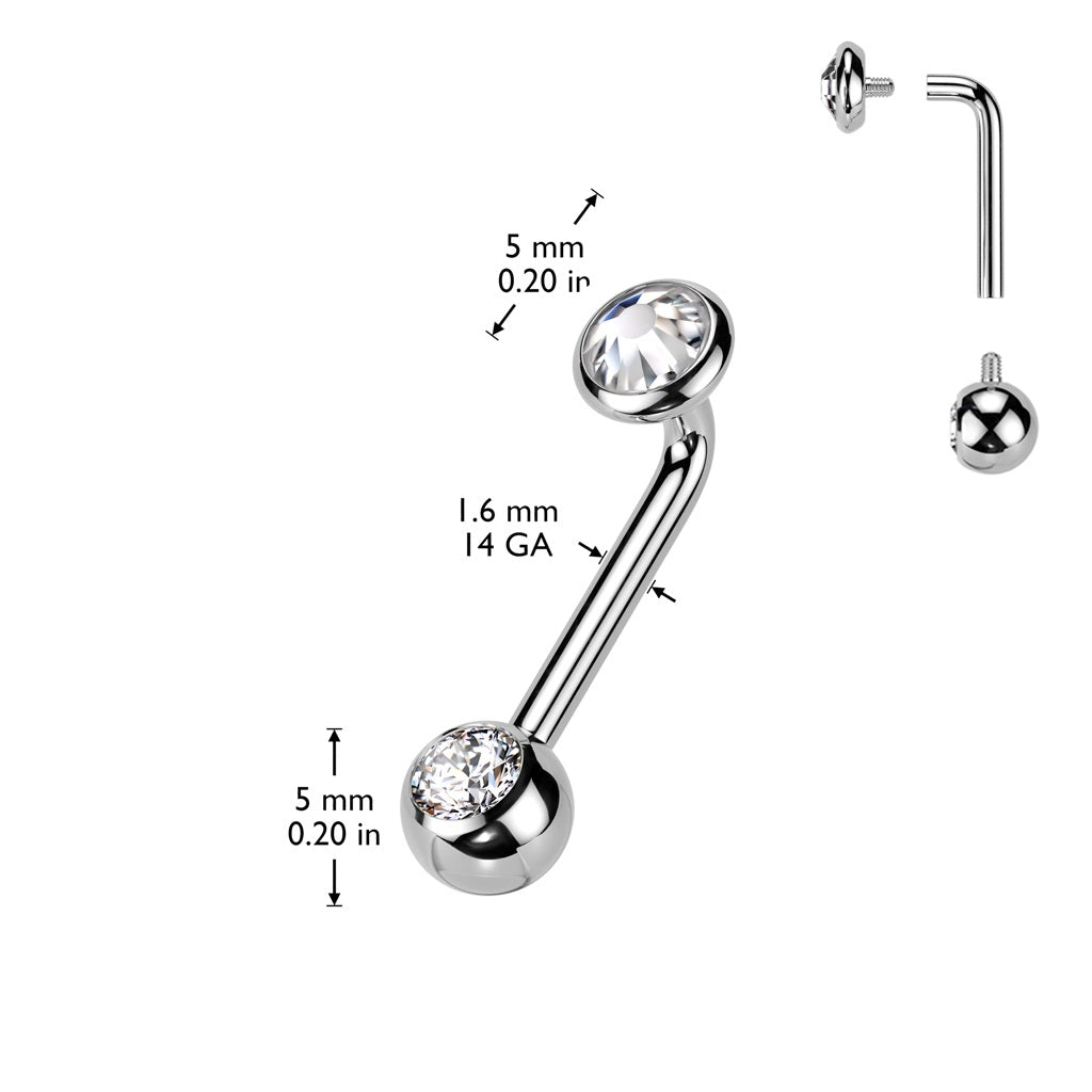 Internally Threaded CZ Crystal VCH Piercing L-Bend Barbell - ASTM F-136 Implant Grade Titanium