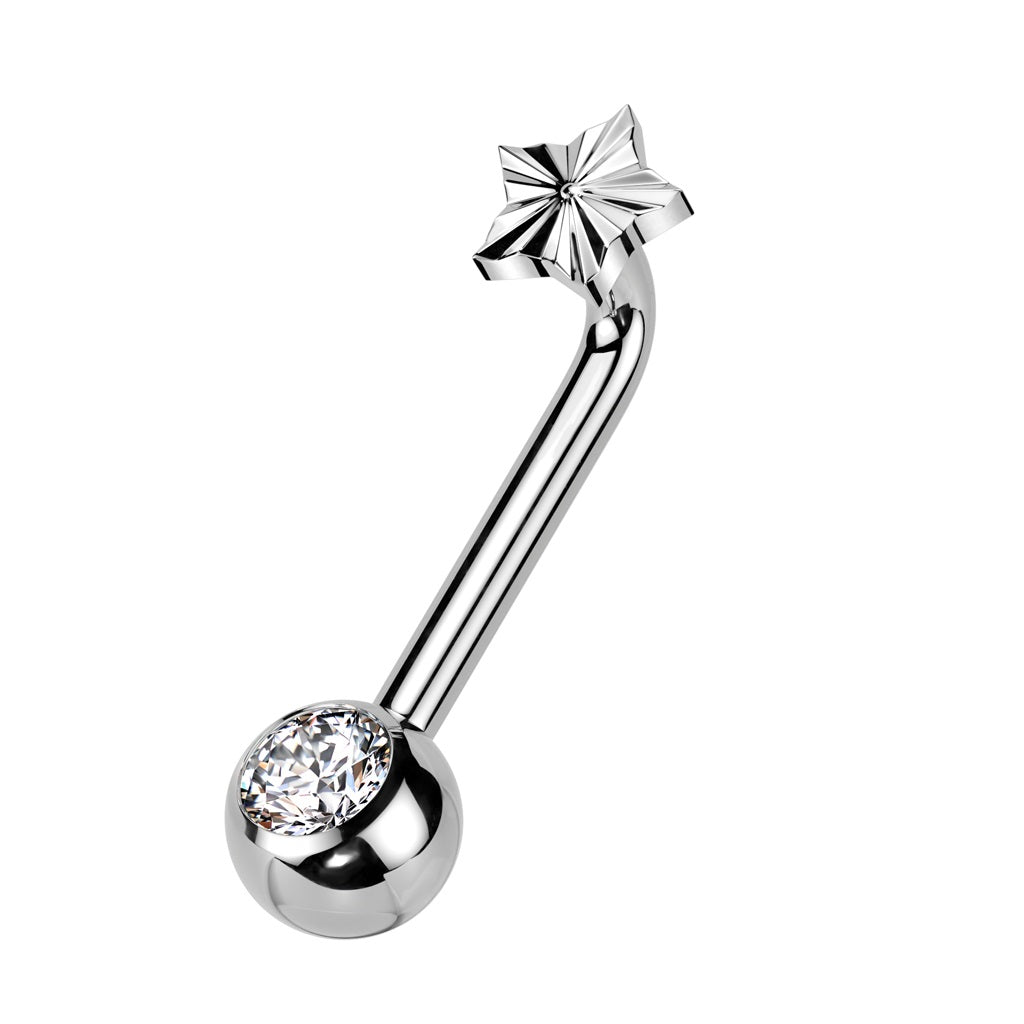 Internally Threaded Star Top and CZ Crystal Ball End VCH Piercing L-Bend Barbell - ASTM F-136 Implant Grade Titanium
