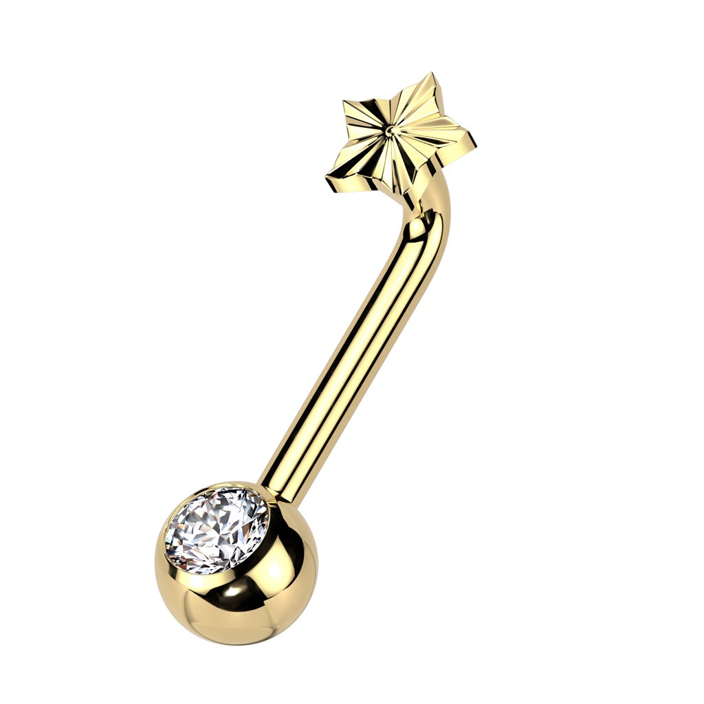 Internally Threaded Star Top and CZ Crystal Ball End VCH Piercing L-Bend Barbell - ASTM F-136 Implant Grade Titanium