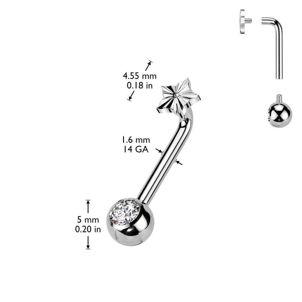 Internally Threaded Star Top and CZ Crystal Ball End VCH Piercing L-Bend Barbell - ASTM F-136 Implant Grade Titanium